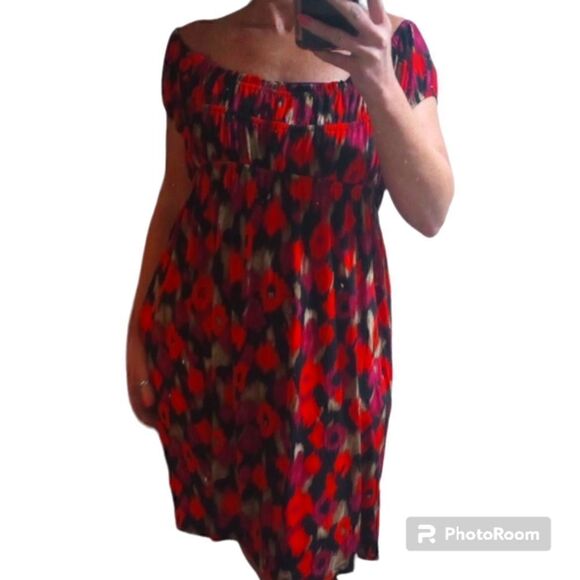 Tianna B geometric print on/ off shoulder short sleeve mid length dress - Picture 1 of 10